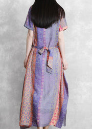Handmade purple print dress o neck drawstring Robe Dress - SooLinen
