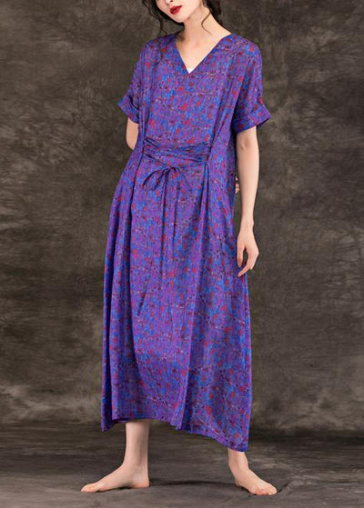 Handmade purple print linen clothes For Women v neck tie waist Maxi summer Dresses - SooLinen