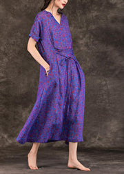 Handmade purple print linen clothes For Women v neck tie waist Maxi summer Dresses - SooLinen