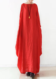 Handmade red  dress o neck long sleeve Robe Dresses - SooLinen