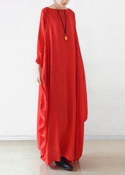 Handmade red  dress o neck long sleeve Robe Dresses - SooLinen
