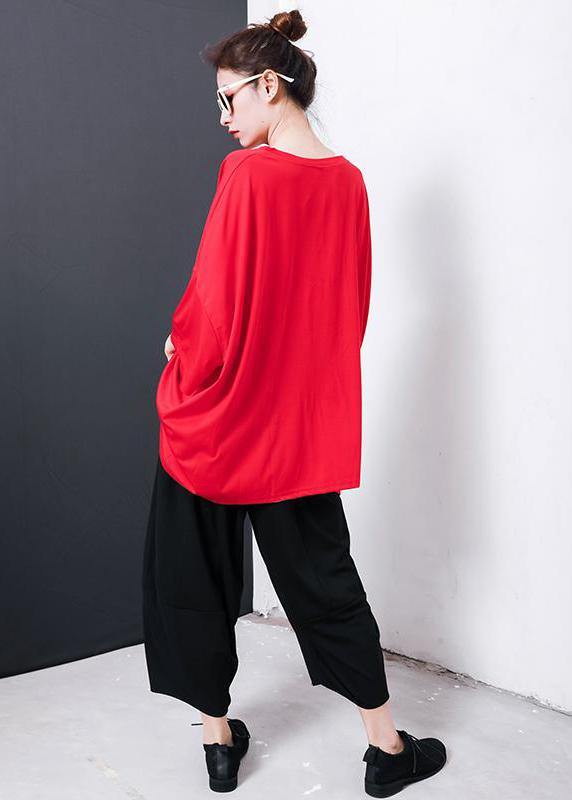 Handmade red cotton blouses for women Boho Irregular Design Pleated Solid Color T-Shirt - SooLinen