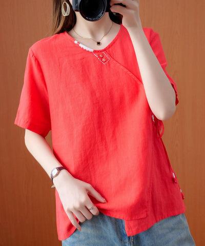 Handmade red embroidery shirts women v neck tie waist cotton top - SooLinen