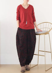 Handmade red harem pantspants  spring Jacquard design wild trousers - SooLinen