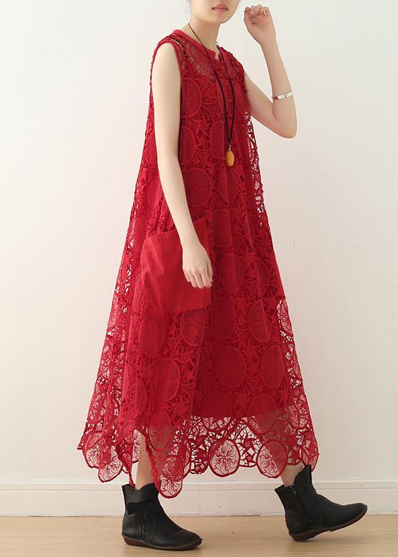 Handmade red hollow out cotton Tunics big pockets summer Dresses - SooLinen