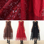 Handmade red hollow out cotton Tunics big pockets summer Dresses - SooLinen