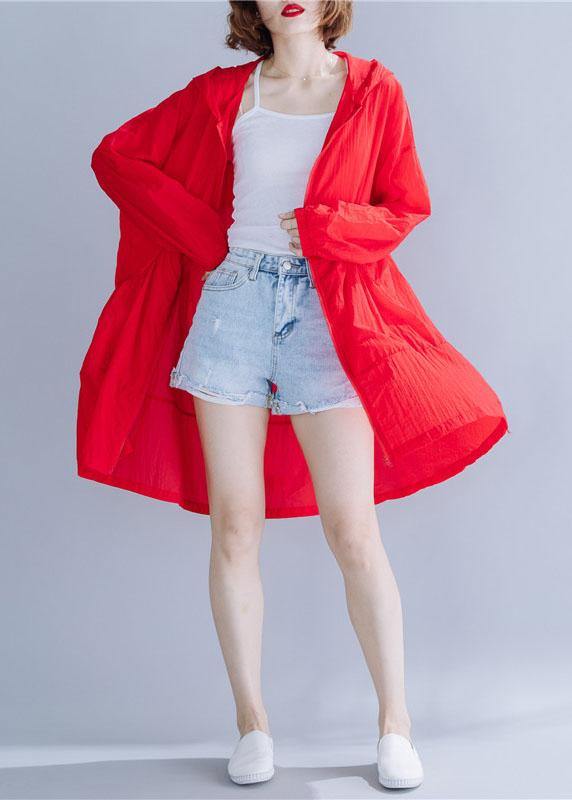 Handmade red hooded cotton Long Shirts ruffles baggy summer top - SooLinen