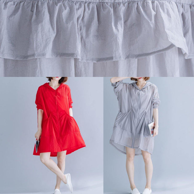 Handmade red hooded cotton Long Shirts ruffles baggy summer top - SooLinen