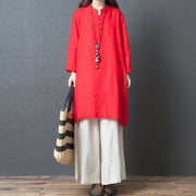 Handmade red linen clothes Metropolitan Museum Work long sleeve shift side open Dress