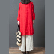 Handmade red linen clothes Metropolitan Museum Work long sleeve shift side open Dress