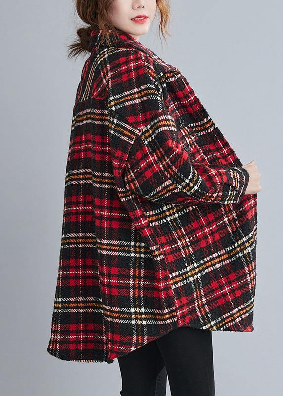 Handmade red plaid Fine for women Neckline lapel Button Down outwears - SooLinen