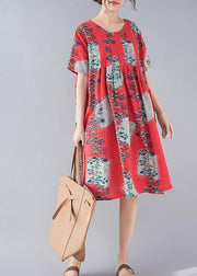 Handmade red print linen clothes Women Fine Tutorials o neck baggy summer Dresses
