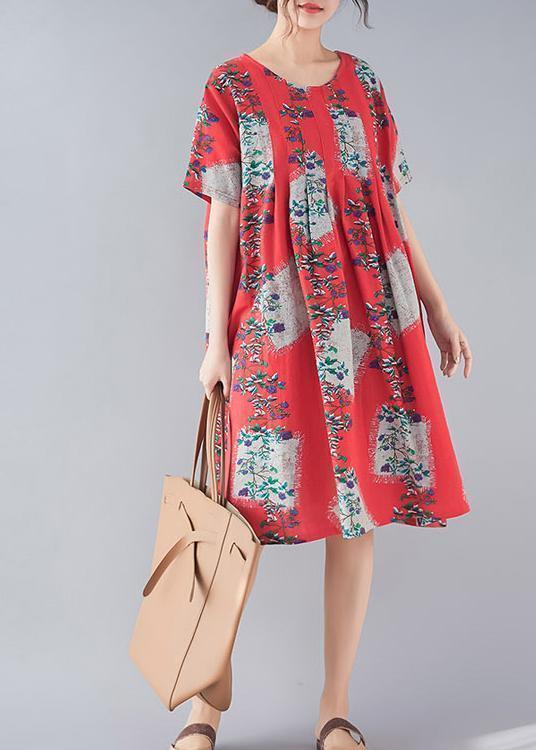 Handmade red print linen clothes Women Fine Tutorials o neck baggy summer Dresses