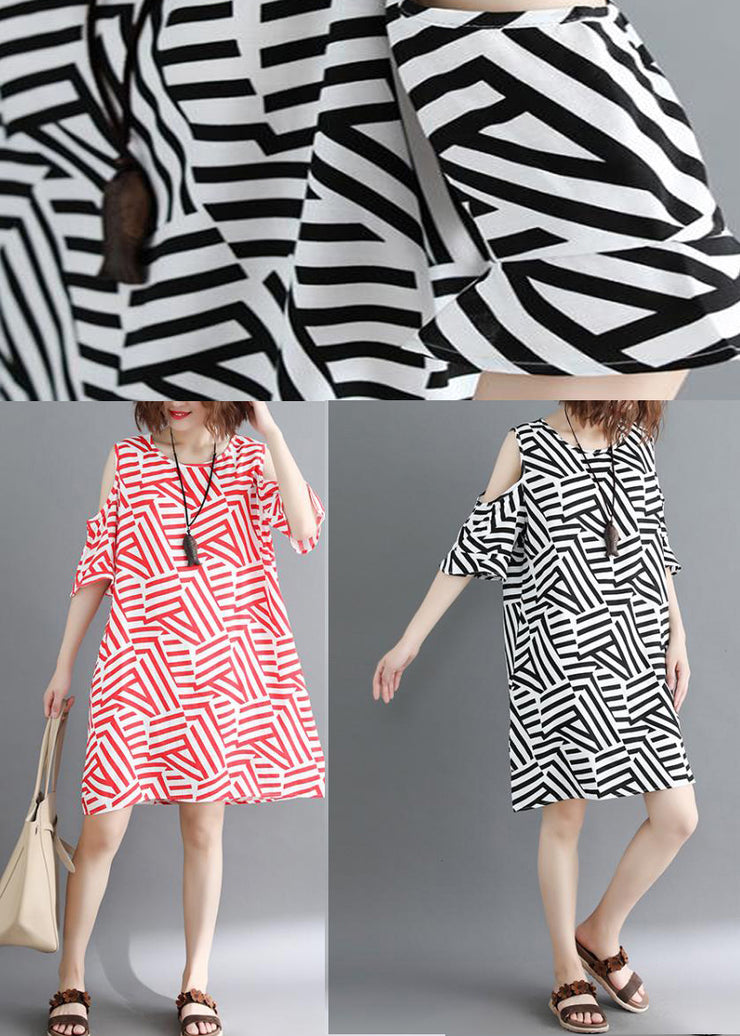 Handmade red striped Cotton clothes Women Omychic off the shoulder daily Summer Dress