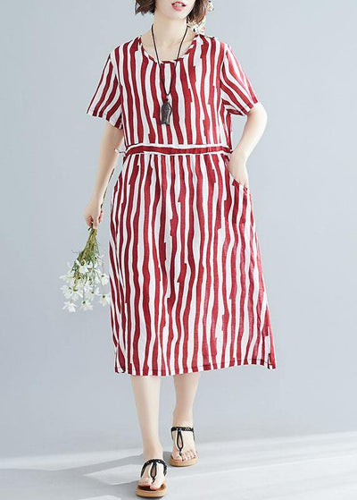 Handmade red striped clothes Women o neck drawstring Art summer Dress - SooLinen