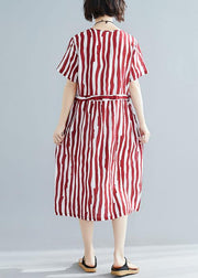 Handmade red striped clothes Women o neck drawstring Art summer Dress - SooLinen