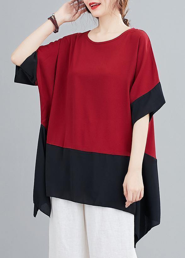 Handmade red tops o neck patchwork summer shirts - SooLinen