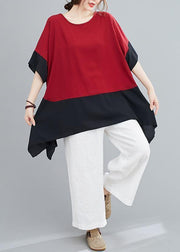 Handmade red tops o neck patchwork summer shirts - SooLinen
