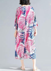 Handmade rose print cotton Women v neck tie waist A Line summer Dresses - SooLinen