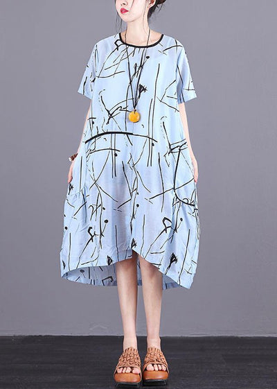 Handmade silk quilting dresses Stitches Summer Loose Short Sleeve Irregular Dress - SooLinen