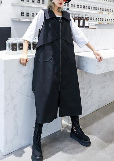 Handmade sleeveless asymmetric cotton Tunics Shape black lapel cotton Dress - SooLinen