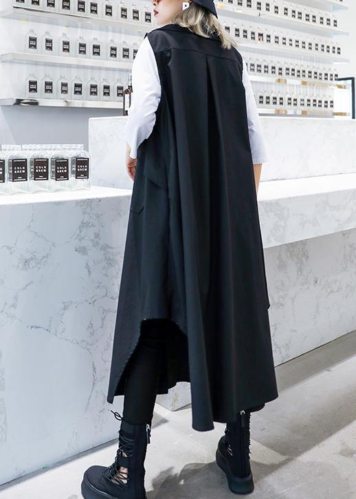 Handmade sleeveless asymmetric cotton Tunics Shape black lapel cotton Dress - SooLinen
