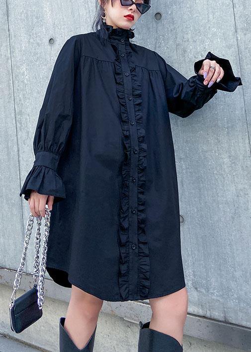 Handmade stand collar Ruffles Cotton dresses Sewing black Dress - SooLinen