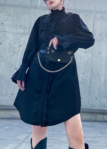 Handmade stand collar Ruffles Cotton dresses Sewing black Dress - SooLinen