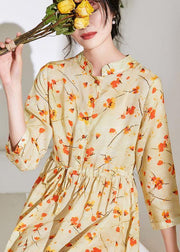 Handmade stand collar drawstring linen dress Ideas yellow print Dress - SooLinen