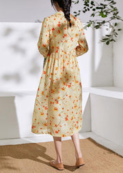 Handmade stand collar drawstring linen dress Ideas yellow print Dress - SooLinen