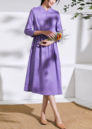 Handmade stand collar drawstring linen summer Wardrobes Runway purple Dress - SooLinen