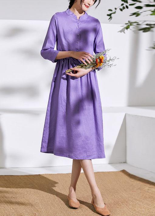 Handmade stand collar drawstring linen summer Wardrobes Runway purple Dress - SooLinen