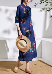 Handmade stand collar embroideried fabric linen summer dresses blue Dresses - SooLinen