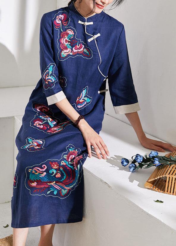 Handmade stand collar embroideried fabric linen summer dresses blue Dresses - SooLinen