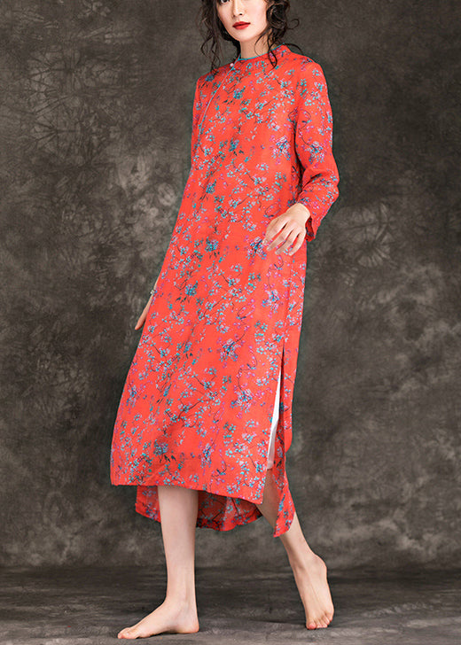 Handgefertigte, seitlich offene Leinenkleidung mit Stehkragen in Übergröße Modeideen, rotes Sommerkleid mit Aufdruck
