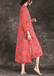Handgefertigte, seitlich offene Leinenkleidung mit Stehkragen in Übergröße Modeideen, rotes Sommerkleid mit Aufdruck