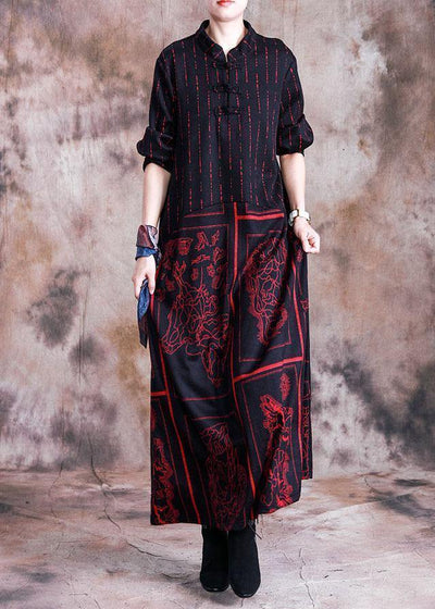 Handmade stand collar wool tunic dress design red prints Plus Size Dress fall - SooLinen