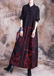 Handmade stand collar wool tunic dress design red prints Plus Size Dress fall - SooLinen