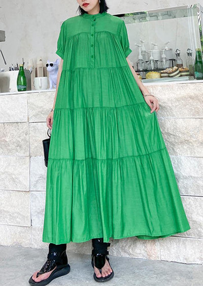 Handmade stand collar Cinched cotton dresses Wardrobes green long Dresses - SooLinen