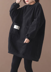 Handmade two pockets Cotton o neck clothes For Women Shape black Dresses - SooLinen
