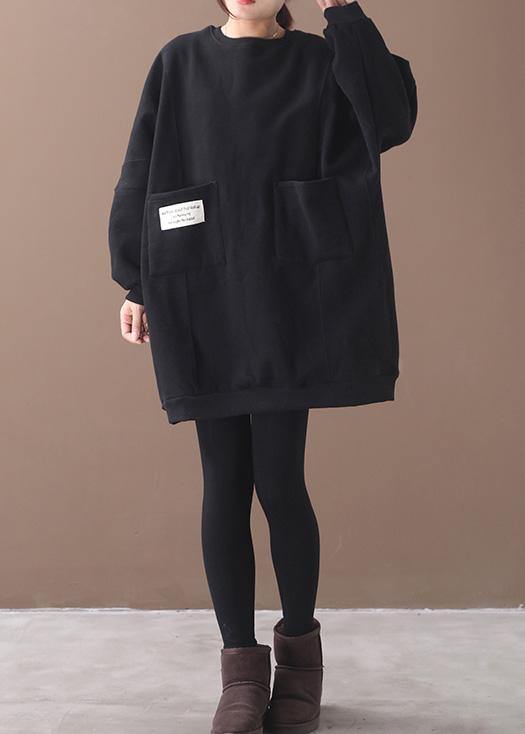 Handmade two pockets Cotton o neck clothes For Women Shape black Dresses - SooLinen
