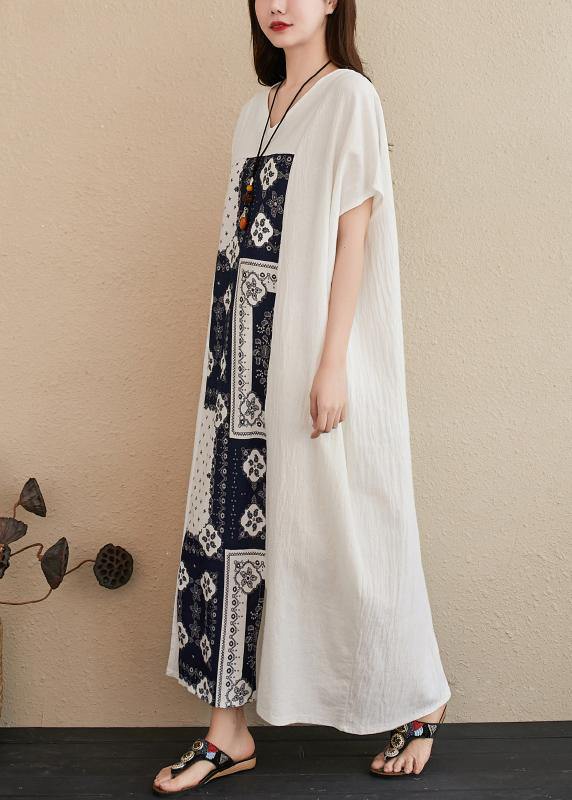 Handmade v neck Fashion Ideas white patchwork print Dresses - SooLinen