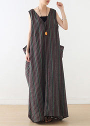 Handmade v neck cotton clothes linen striped Maxi Dresses summer - SooLinen