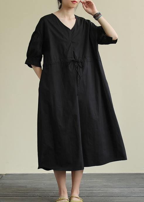 Handmade v neck drawstring cotton tunic dress Work black Traveling Dress - SooLinen