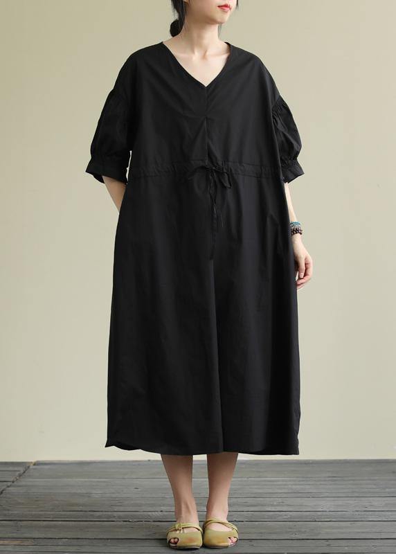 Handmade v neck drawstring cotton tunic dress Work black Traveling Dress - SooLinen