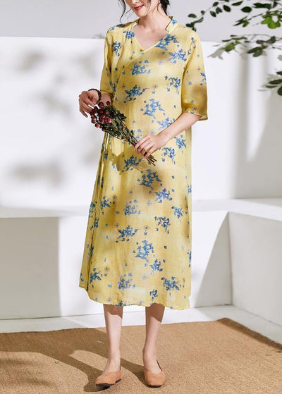 Handmade v neck half sleeve linen summer dresses Shirts yellow print Dress - SooLinen