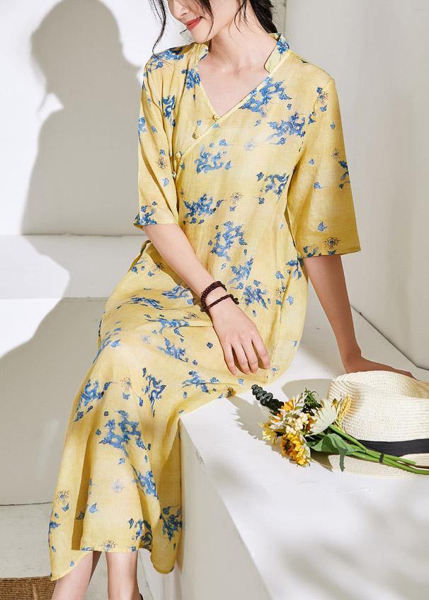 Handmade v neck half sleeve linen summer dresses Shirts yellow print Dress - SooLinen