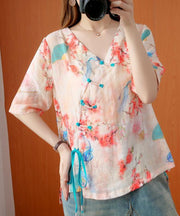 Handmade v neck half sleeve summer tops women floral shirts - SooLinen