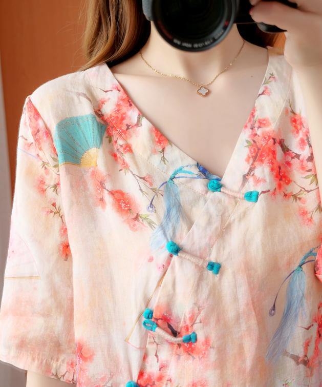 Handmade v neck half sleeve summer tops women floral shirts - SooLinen