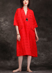 Handgemachte Tuniken mit V-Ausschnitt aus Patchwork-Leinengemisch in feiner Form, rot, Kunstkleider Sommer